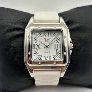 JustFab Encore Women’s Silver Case White Silicone Band Watch New Battery